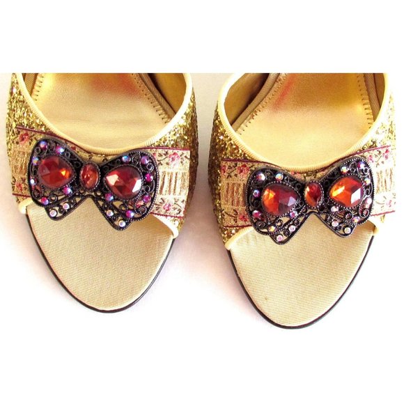Hale' Bob Gold Glitter Metal Bow/Color Stones Detail Designer Mules Size 8.M - Picture 8 of 13